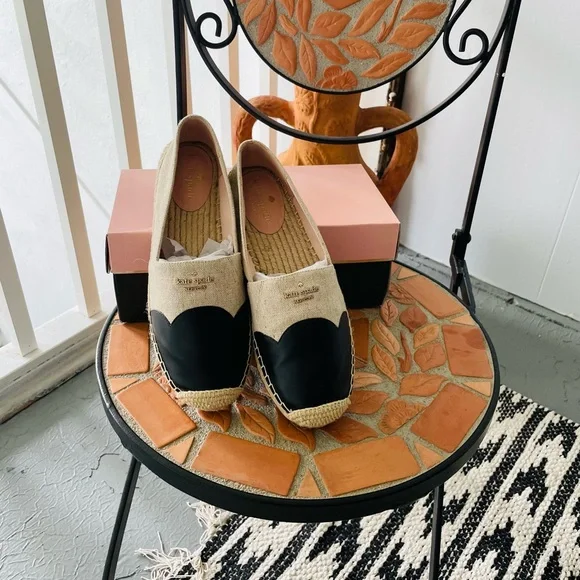 🍀KATE SPADE Garden Black Leather & Natural Canvas Espadrilles - Picture 1 of 6